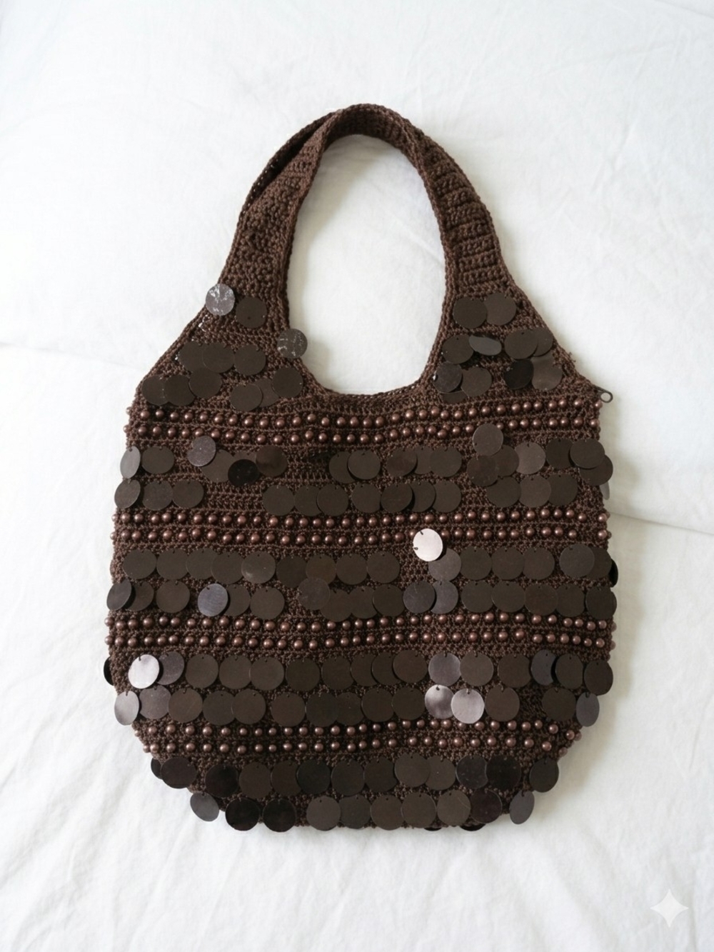 Rare New Old Stock (NOS) Chocolate Brown heavily Sequined Crochet Shoulder Bag